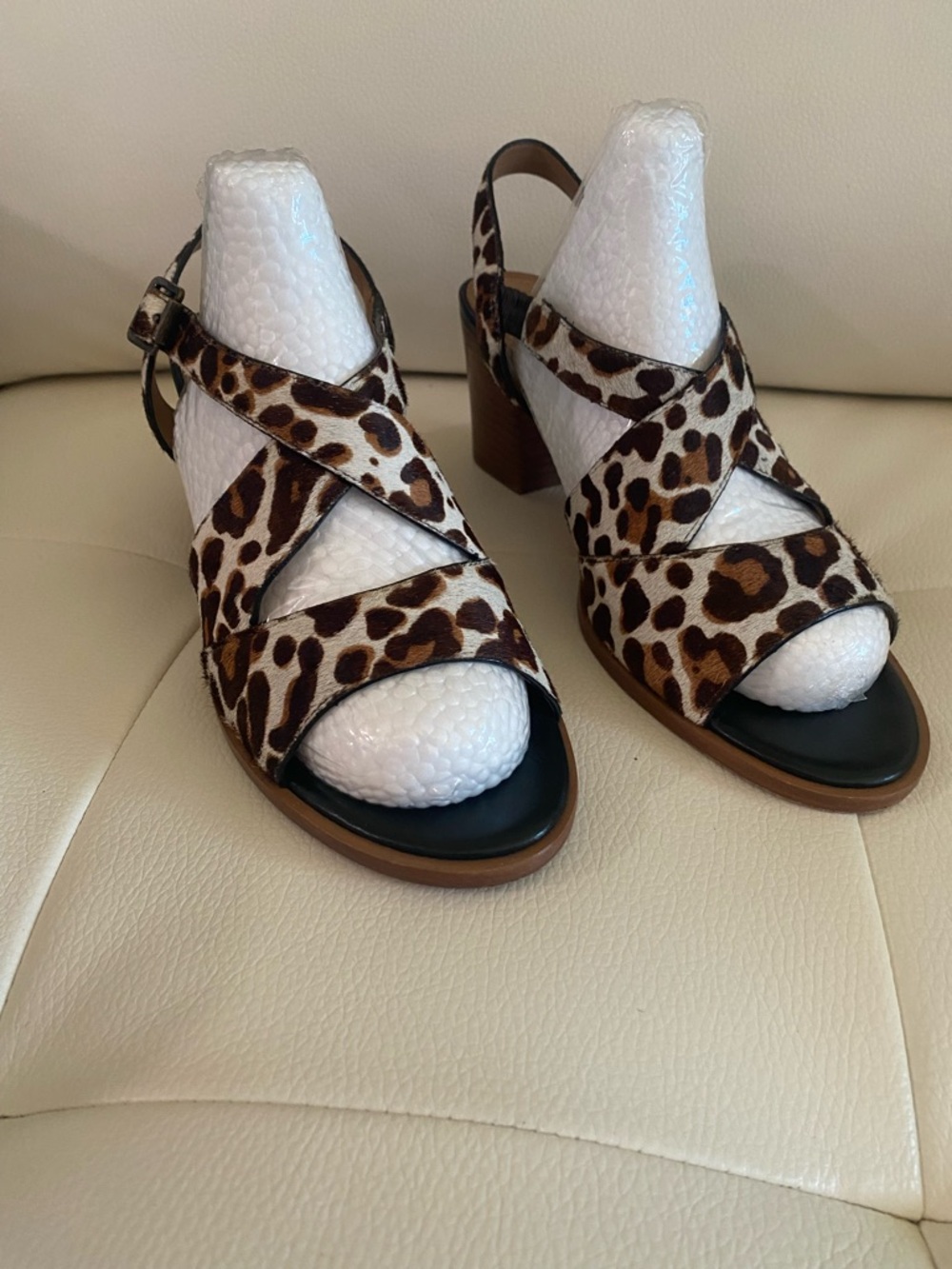H.S. Trask Leopard Print Cow Hide Crisscross Block Heel Sandals - Brown/Black